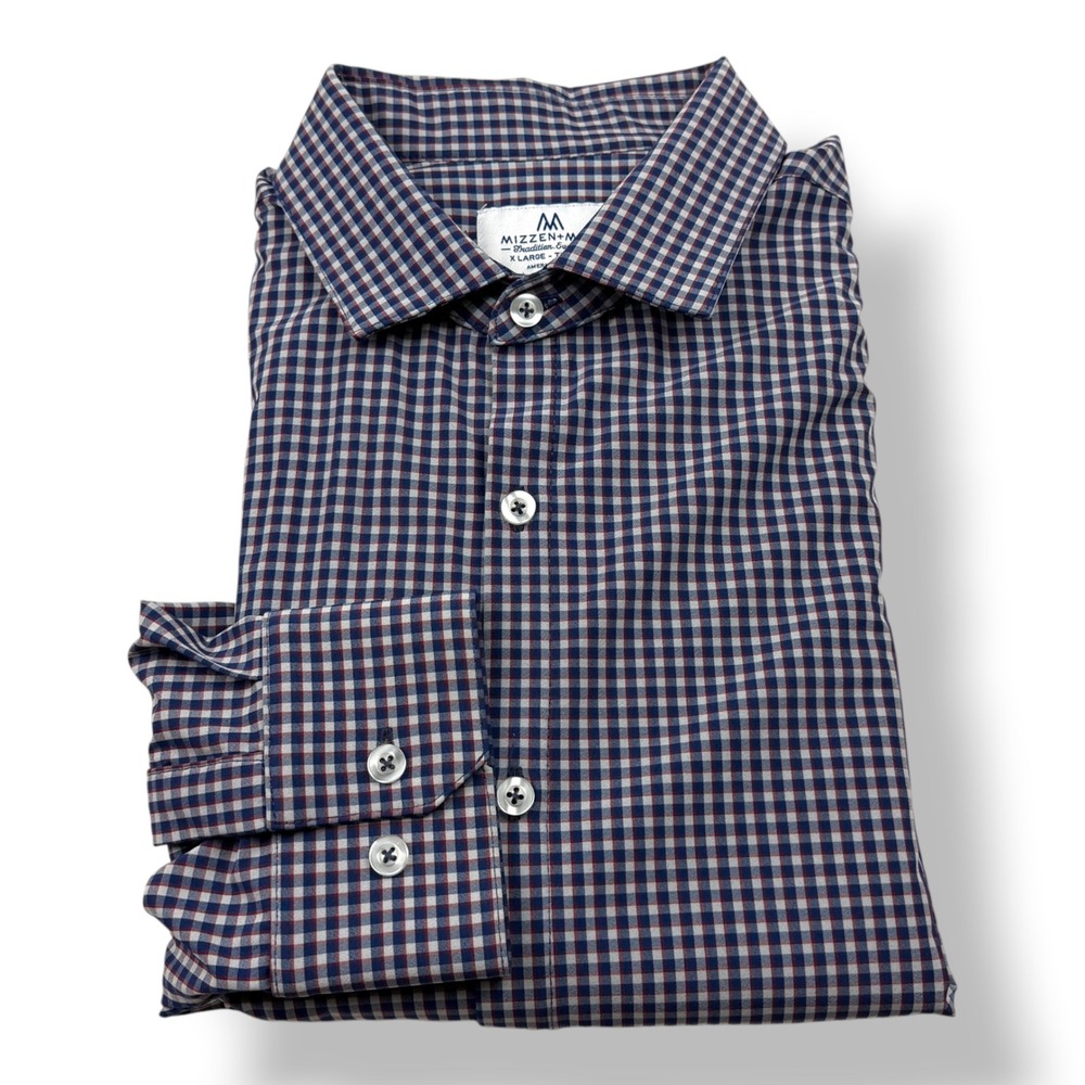 Mizzen+Main Mens XL Trim Fit Gingham Performance Button Down Shirt Blue Red‎
